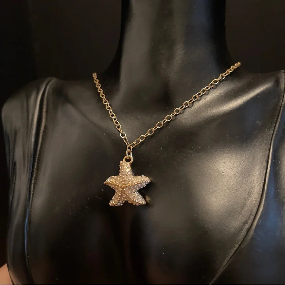 J crew sea star cz gold tone long statement necklace